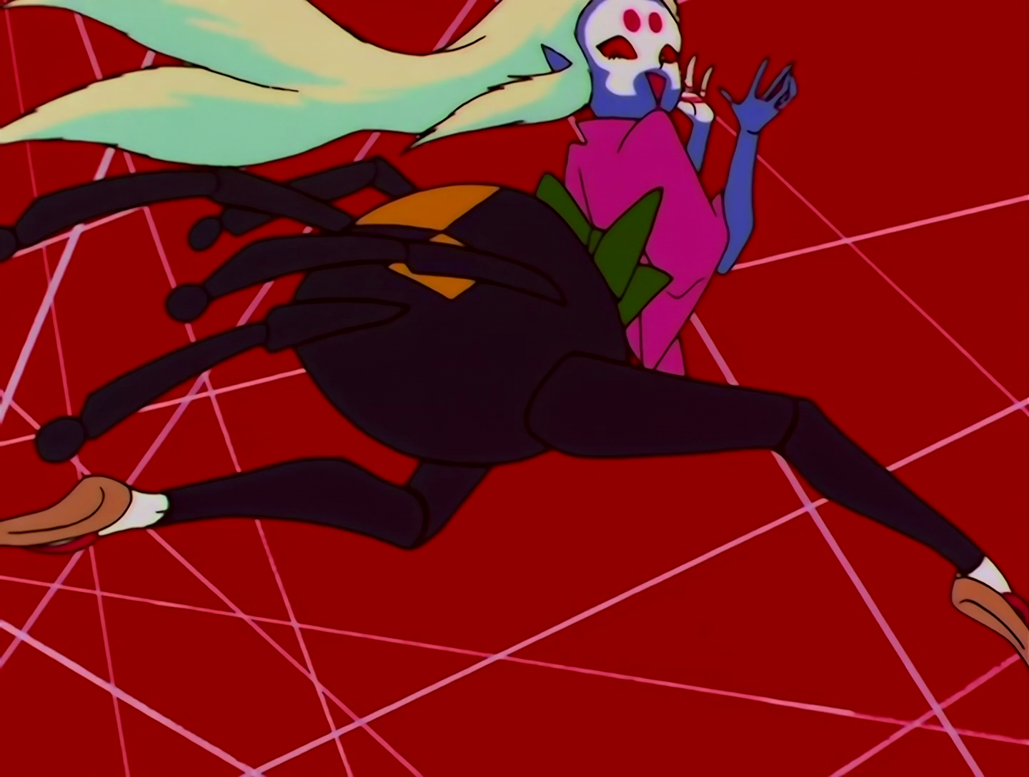 Ayatoriko, a Lemures from Sailor Moon episode 139. She’s another spider lady. She has blue skin, red eyes and long turquoise hair. Part of her face is painted white, with two red dots that resemble a second set of eyes. She wears a magenta shirt, and her lower body is black, with her butt resembling a large abdomen. It also has four small spider limbs attached. She’s jumping past the viewer, with a network of strings representing cat’s cradle in the background. This lady loves cat’s cradle.